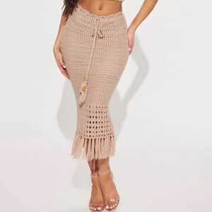 Fashion Nova Beige Crochet Fringe Midi Skirt